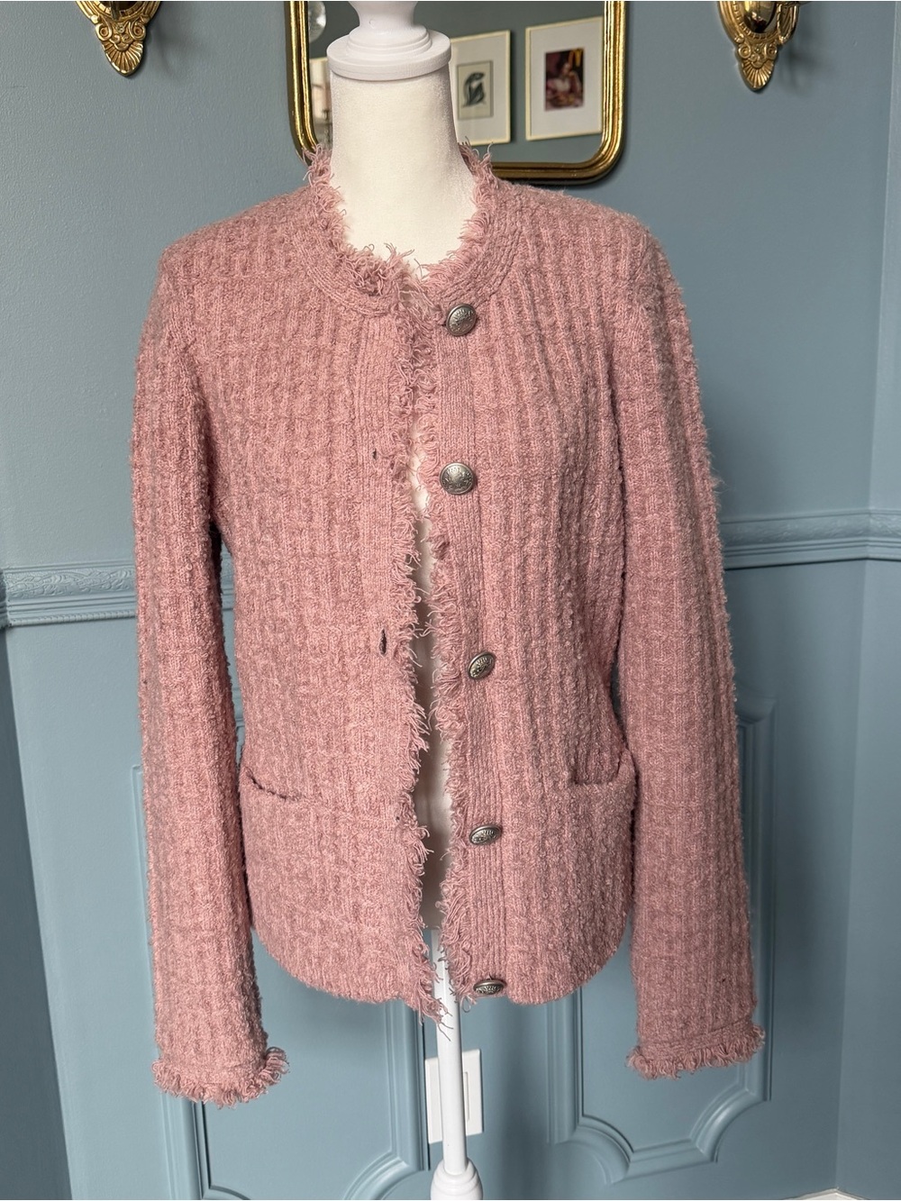 Express pink knit cardigan with silver buttons
